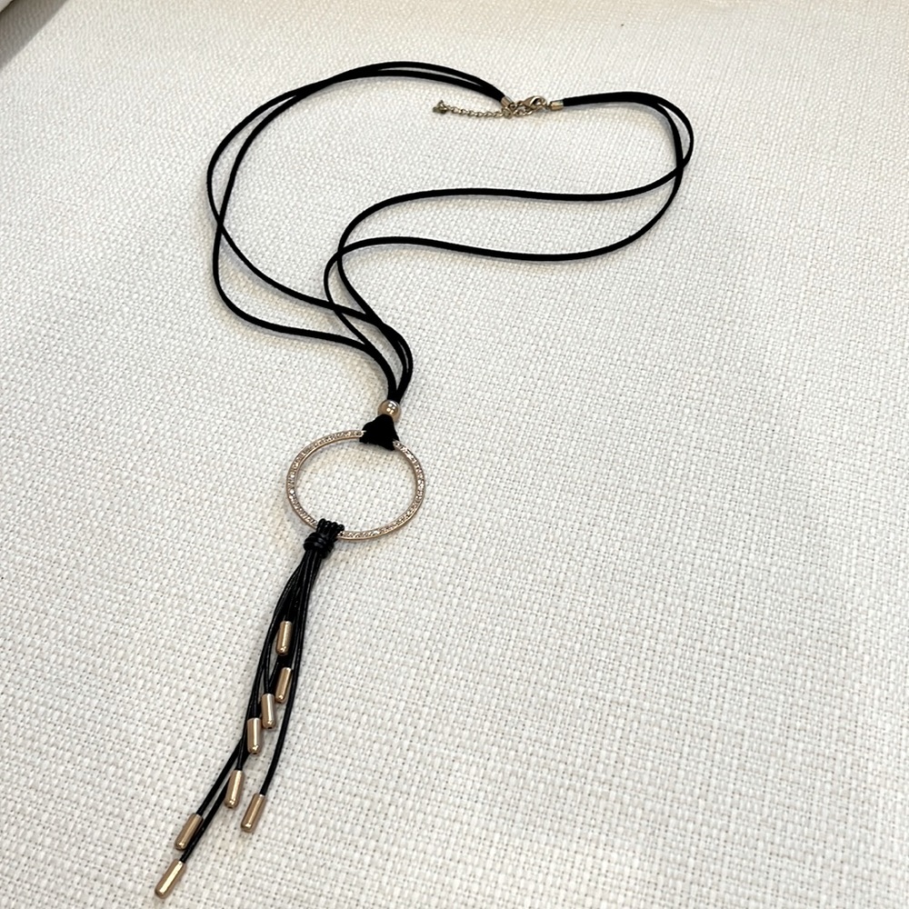 Black long suede with gold studded hoop necklace